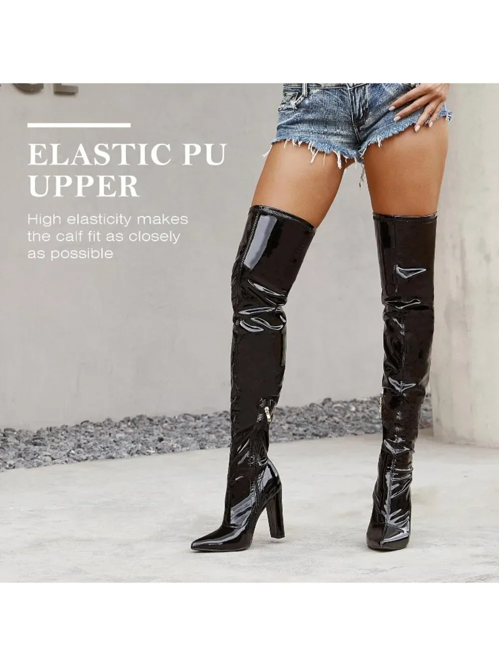 Women's Black Heeled Pointed Toe Patent Leather Over The Knee Thigh High Boots
